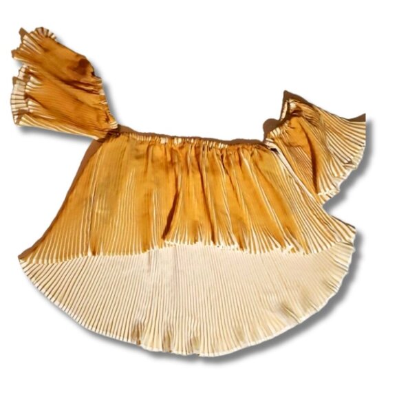 M - Forever 21 Women's  Pleated Off-Shoulder Crop: Yellow Mustard Flowy Crop Top - Picture 7 of 7